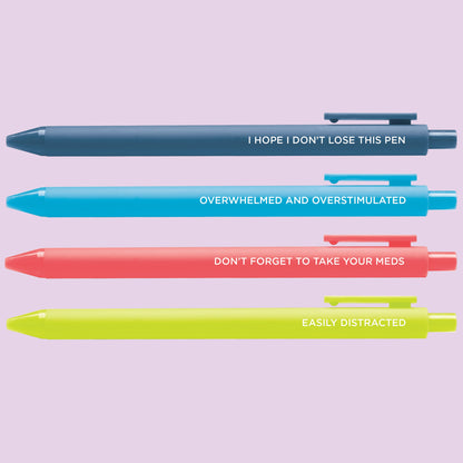 Neurospicy Pen Set detail — 4 ADHD and neurodivergent jotter pens by MangoIllustrated