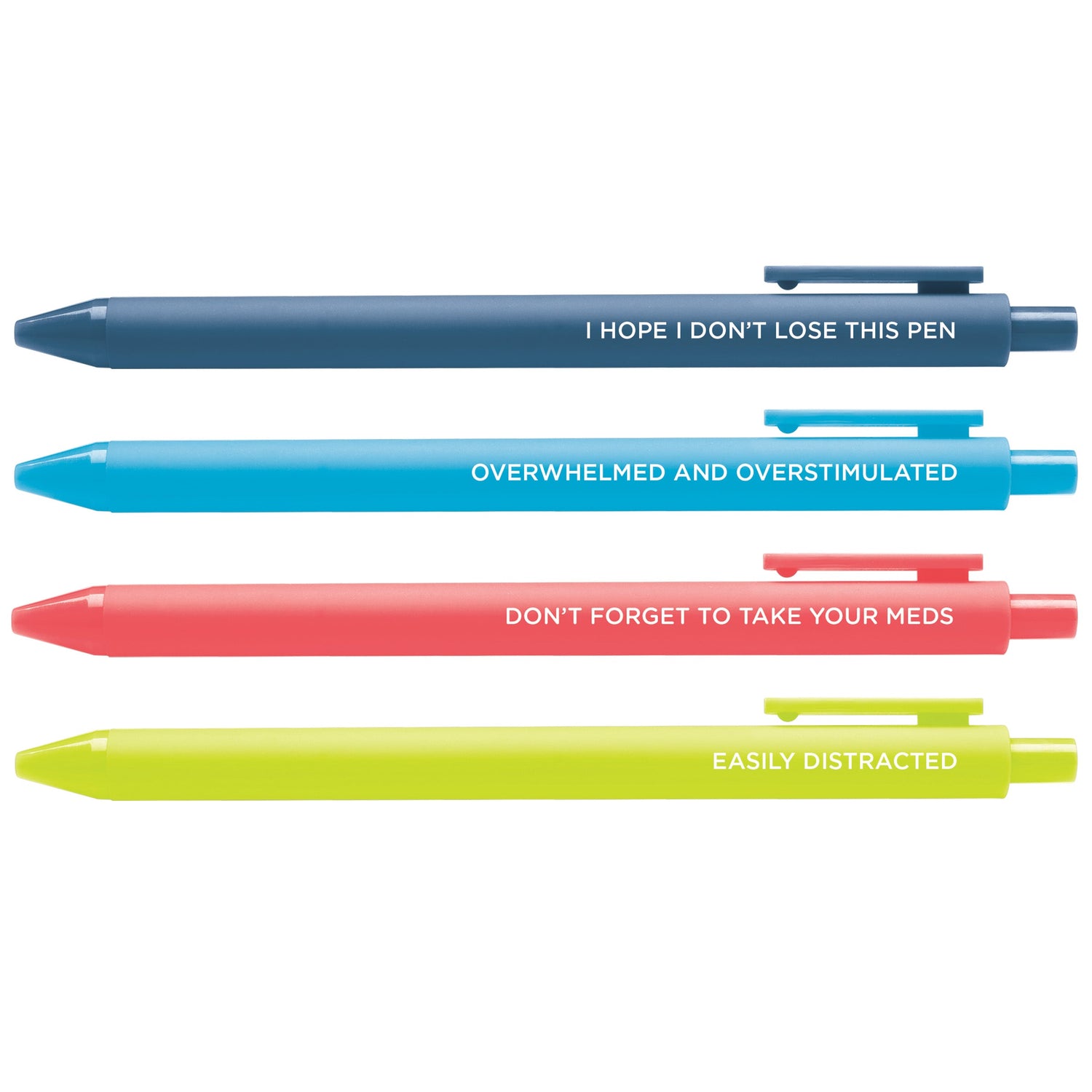 Neurospicy ADHD Pen Set — 4 jotter pens for neurodivergent people by MangoIllustrated