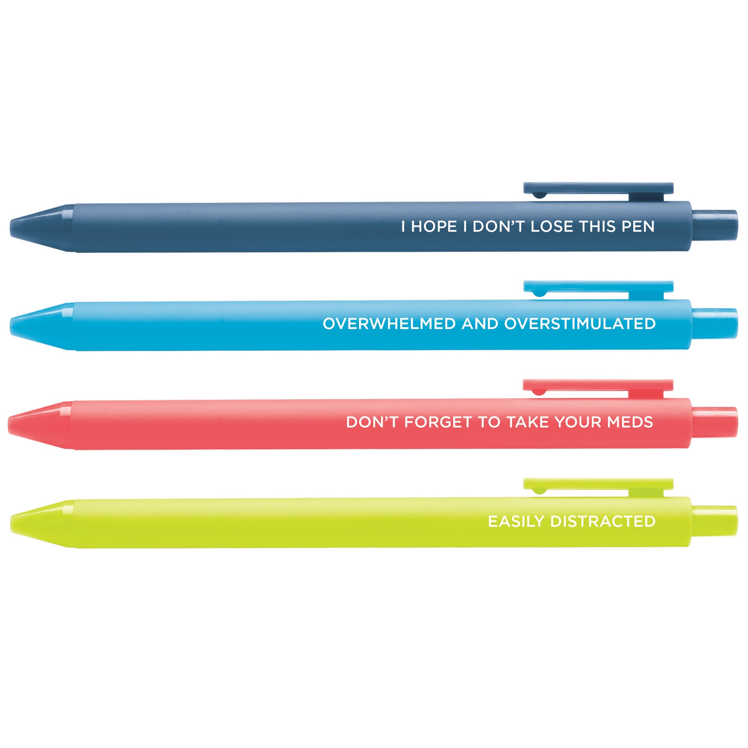 Neurospicy ADHD Pen Set — 4 jotter pens for neurodivergent people by MangoIllustrated