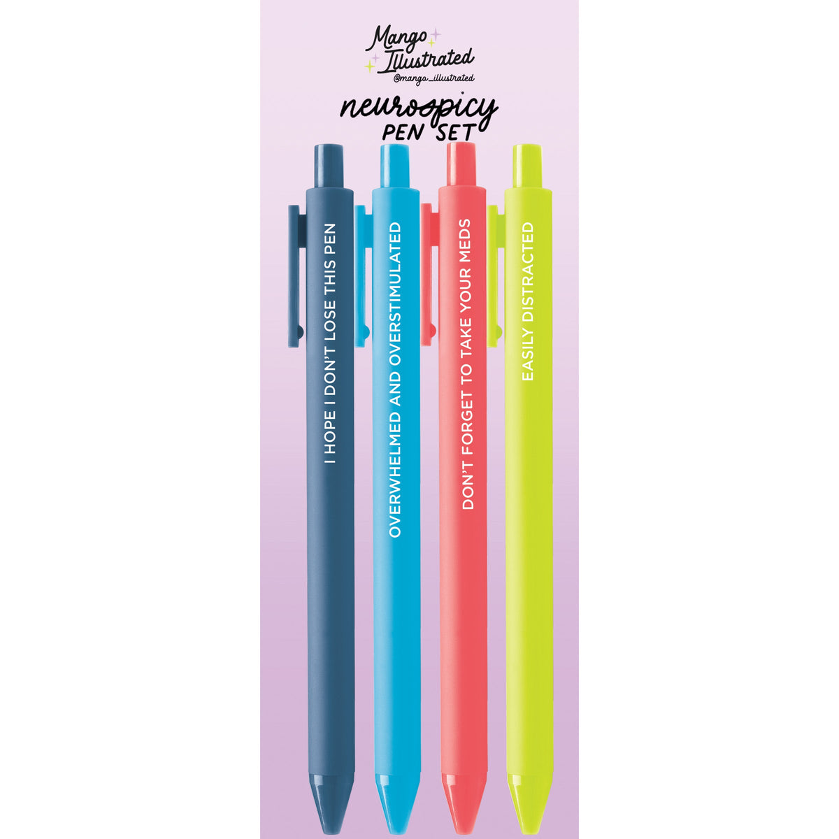 Neurospicy Pen Set with card backing — ADHD desk gift pen set by MangoIllustrated