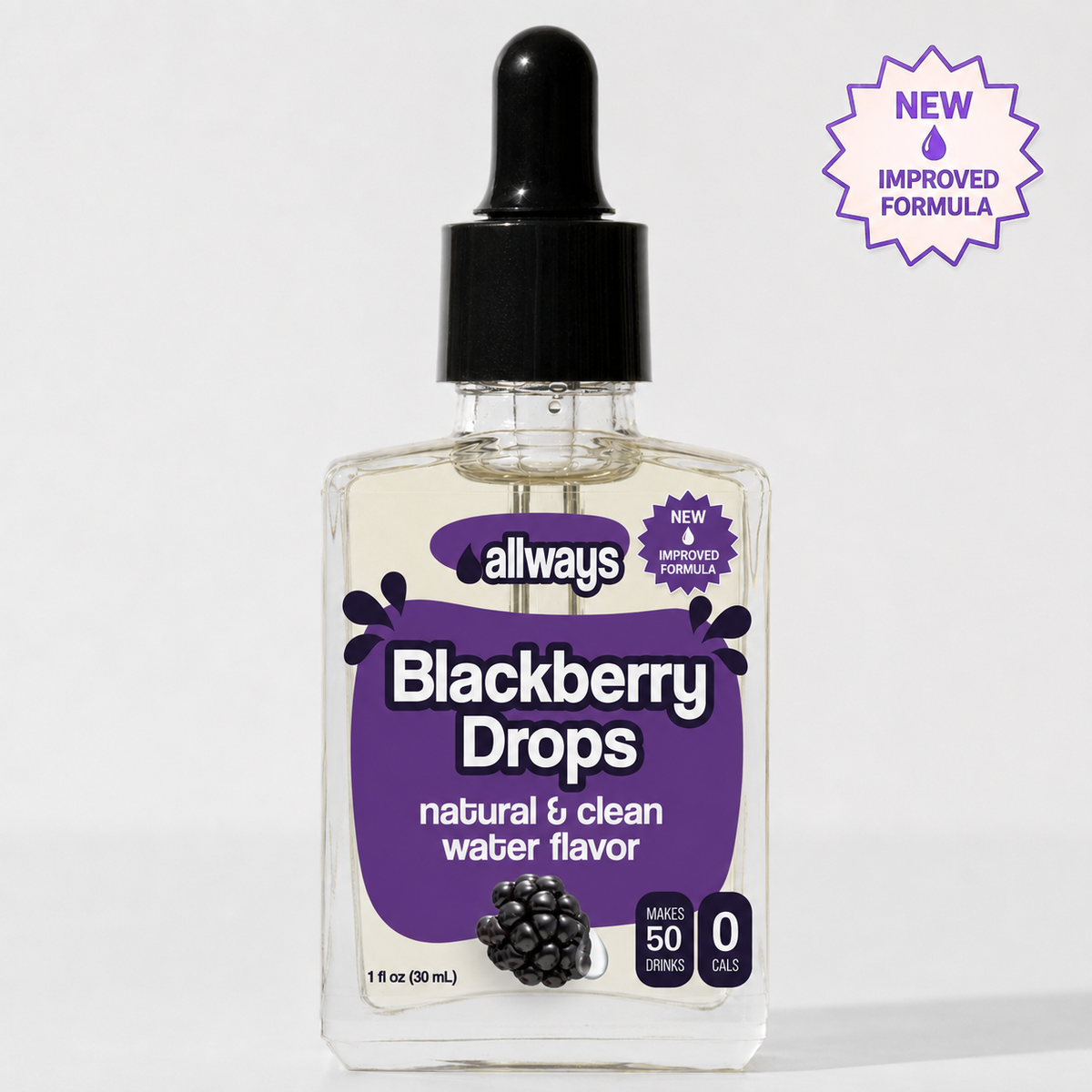 A bottle of Allways Blackberry Drops water flavor tincture with a black dropper cap and a purple label, shown on a light gray background with a purple &