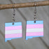 Hand-painted wooden New Mexico trans pride dangle earrings with Zia sun symbol and transgender flag colors design and hypoallergenic sterling silver hooks, lightweight pride statement jewelry earrings for NM state pride and LGBTQ expression 