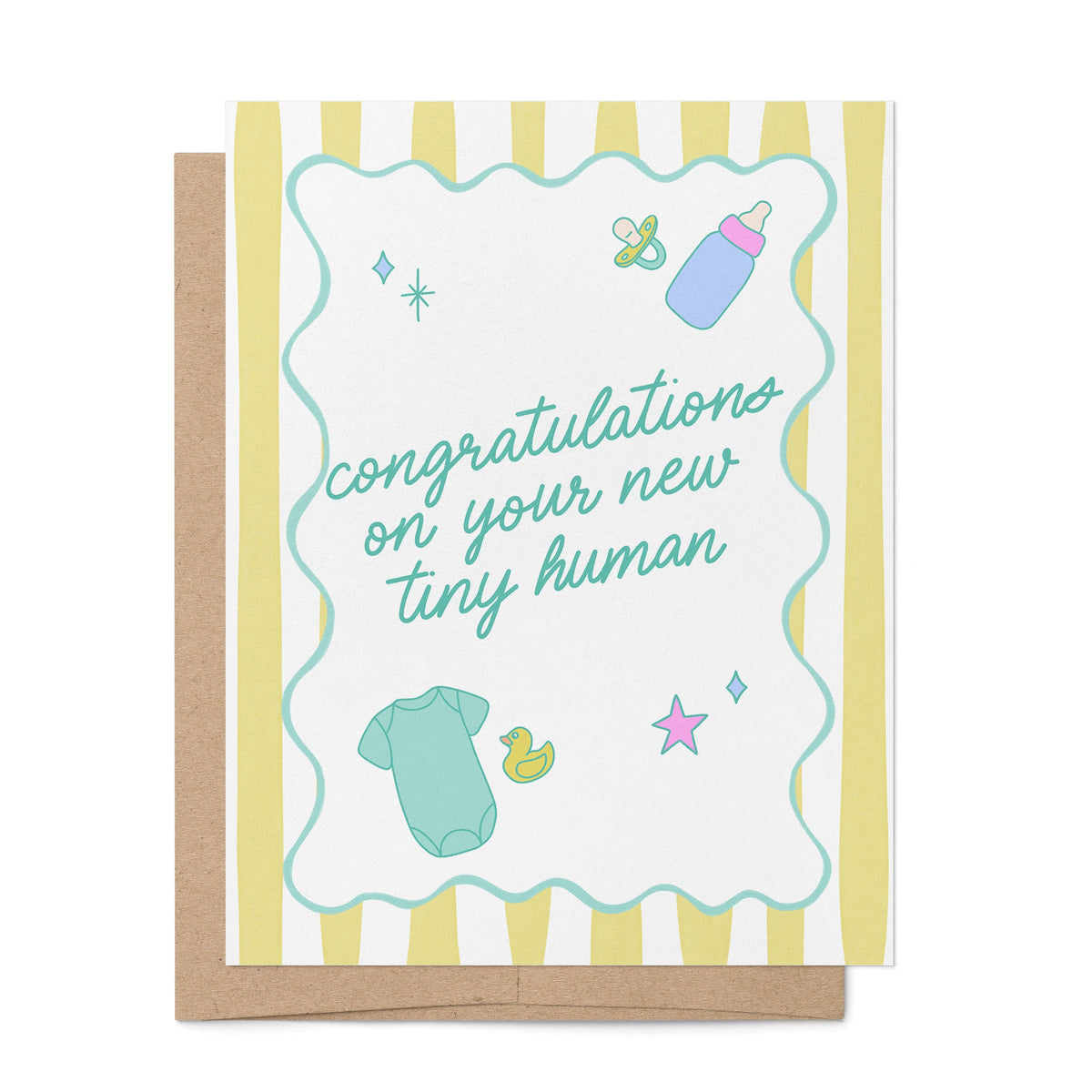 Congratulations on Your New Tiny Human baby card by MangoIllustrated — retro stripes baby icons