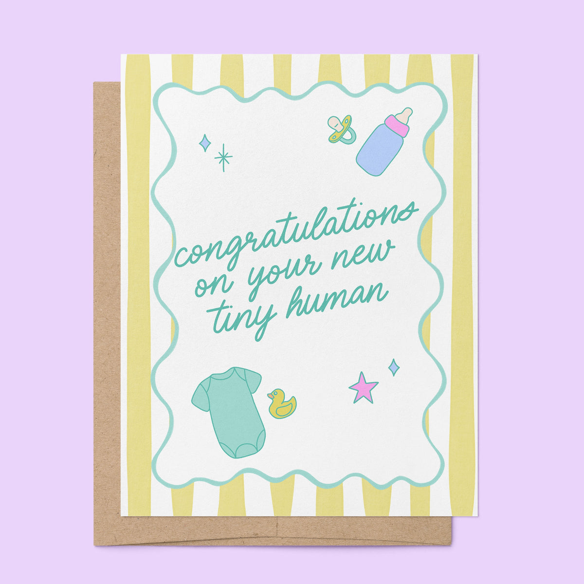 Congratulations on Your New Tiny Human Baby Card detail — hand lettered baby icon illustrations by indie artist MangoIllustrated
