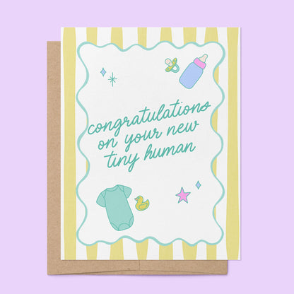 Congratulations on Your New Tiny Human Baby Card detail — hand lettered baby icon illustrations by indie artist MangoIllustrated