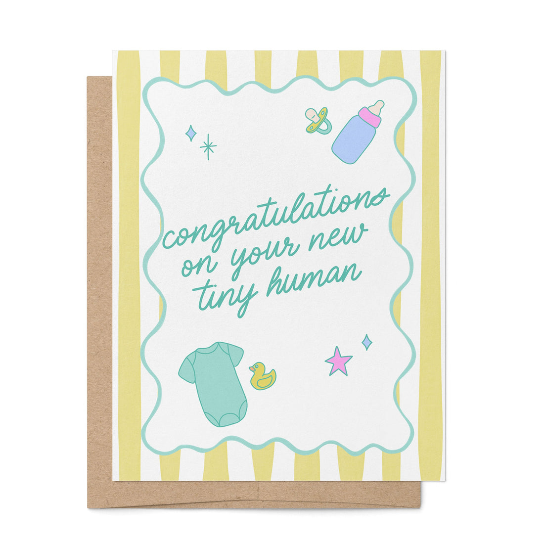 Congratulations on Your New Tiny Human baby card by MangoIllustrated — retro stripes baby icons