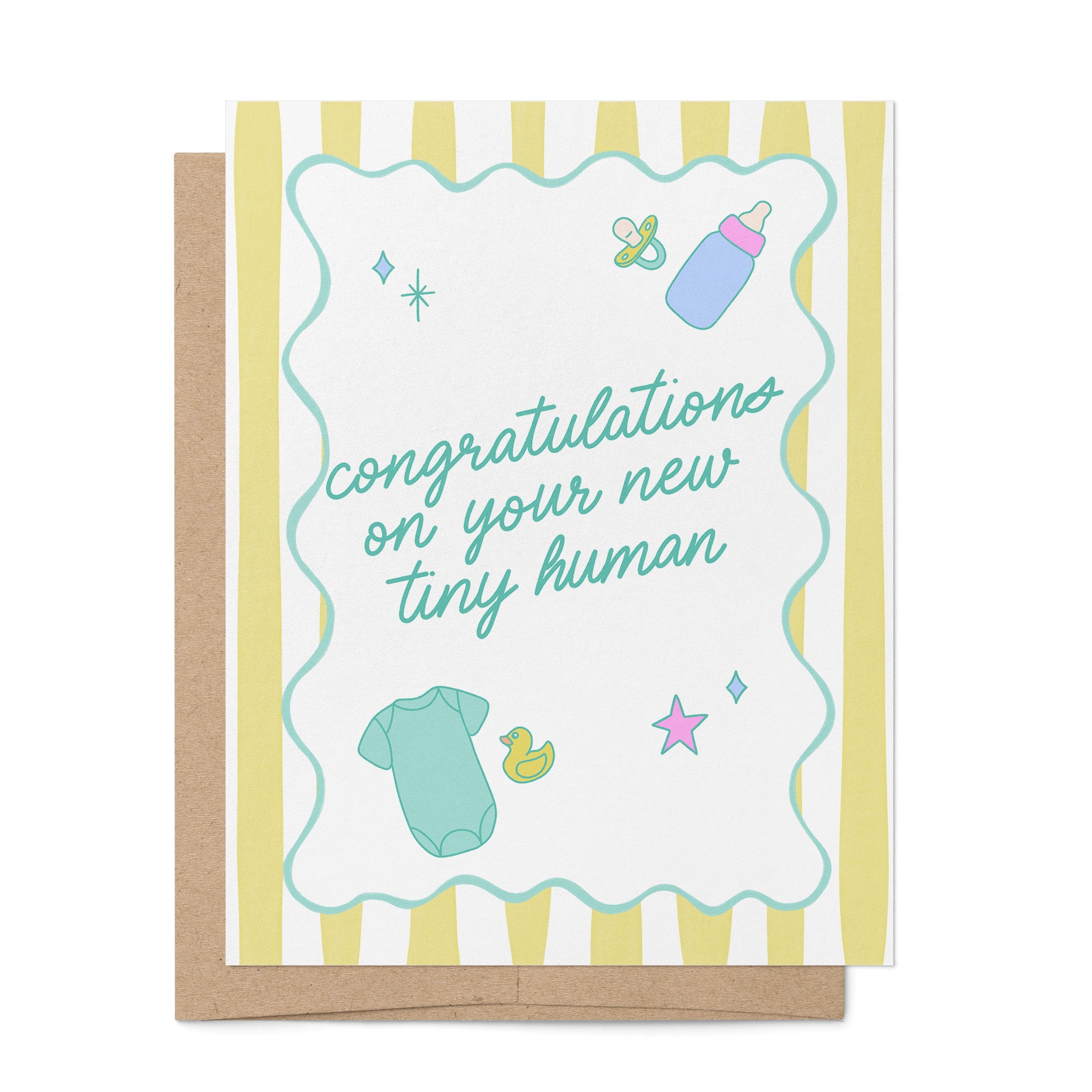Congratulations on Your New Tiny Human baby card by MangoIllustrated — retro stripes baby icons