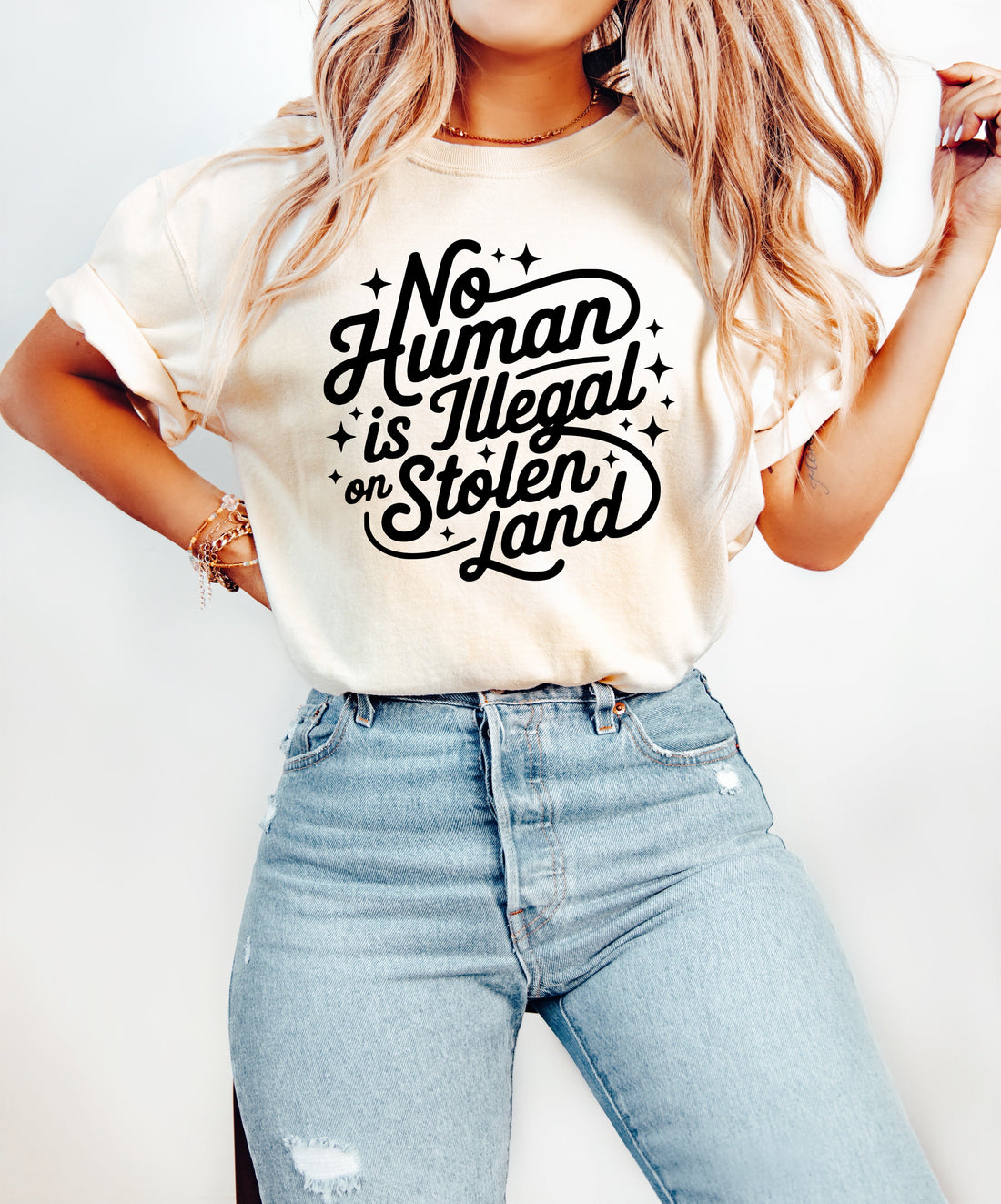 No Human Is Illegal on Stolen Land Graphic Tee