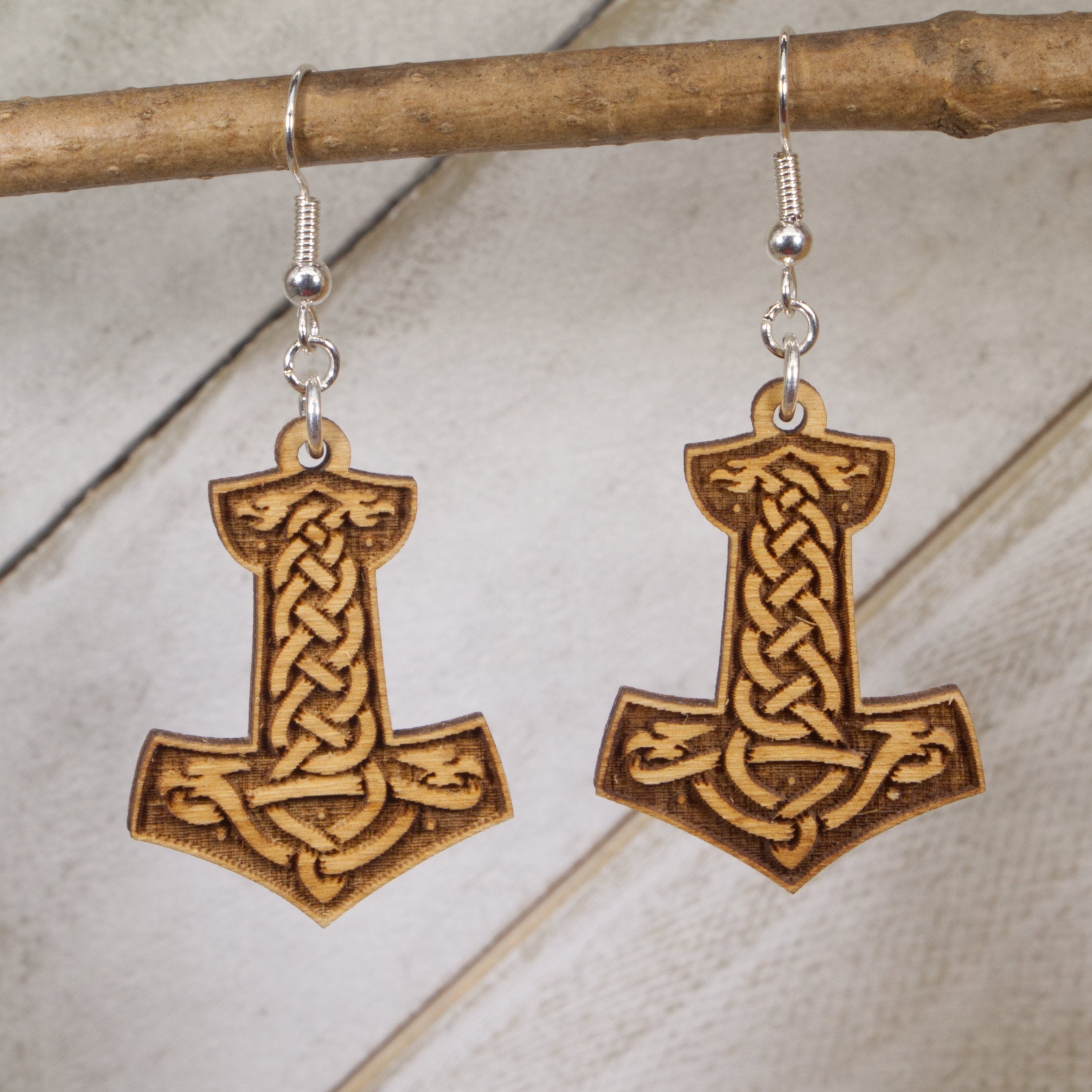 Hand-painted wooden Thor hammer Mjolnir dangle earrings with Viking design and hypoallergenic sterling silver hooks, Norse mythology Viking jewelry
