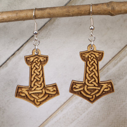 Hand-painted wooden Thor hammer Mjolnir dangle earrings with Viking design and hypoallergenic sterling silver hooks, Norse mythology Viking jewelry
