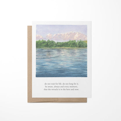 Greeting card with a watercolor landscape painting of Schroon Lake with a quote and a brown Kraft envelope