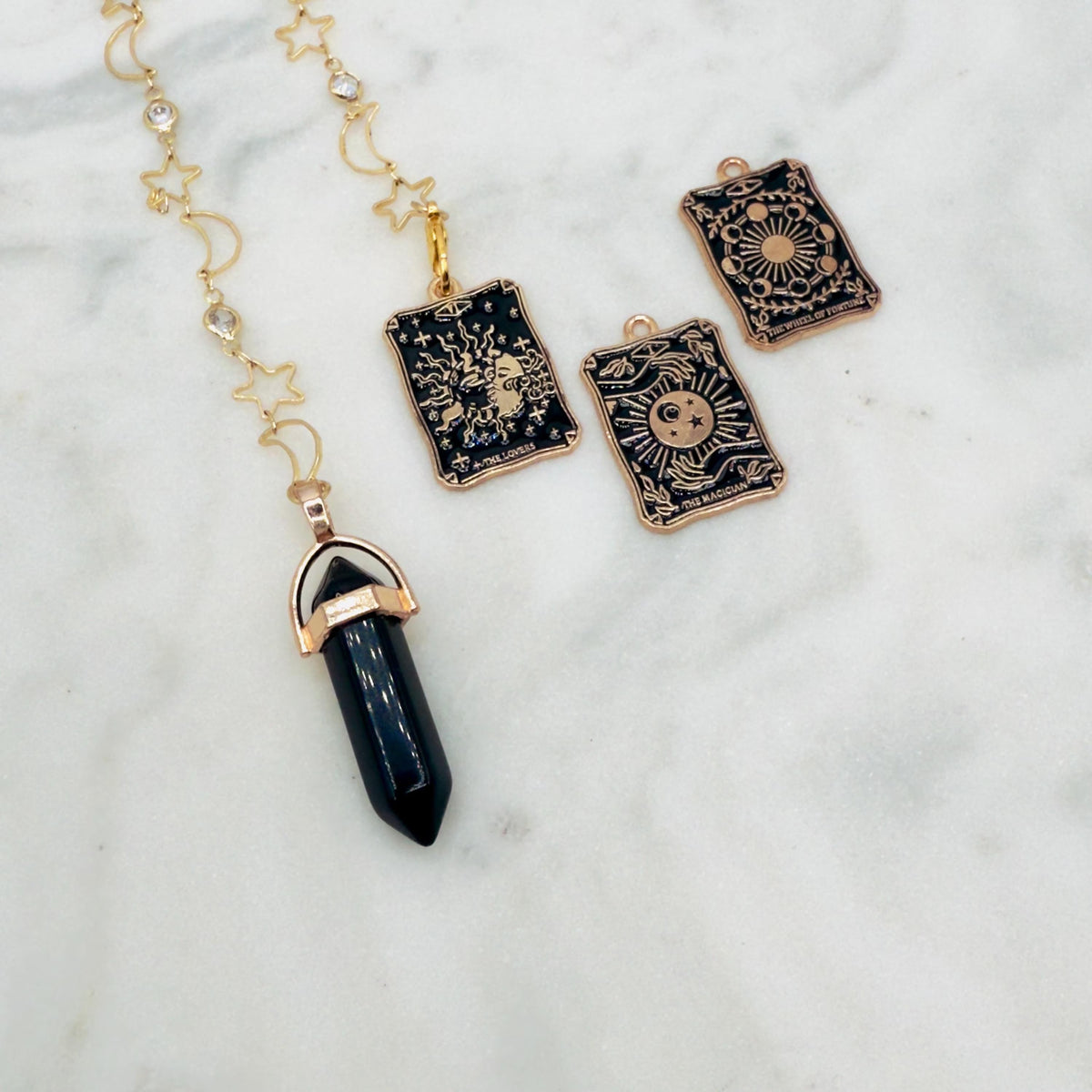 Obsidian Pendulum Stars and Moon Chain with 3 Tarot Charms Past-Present-Future Reading