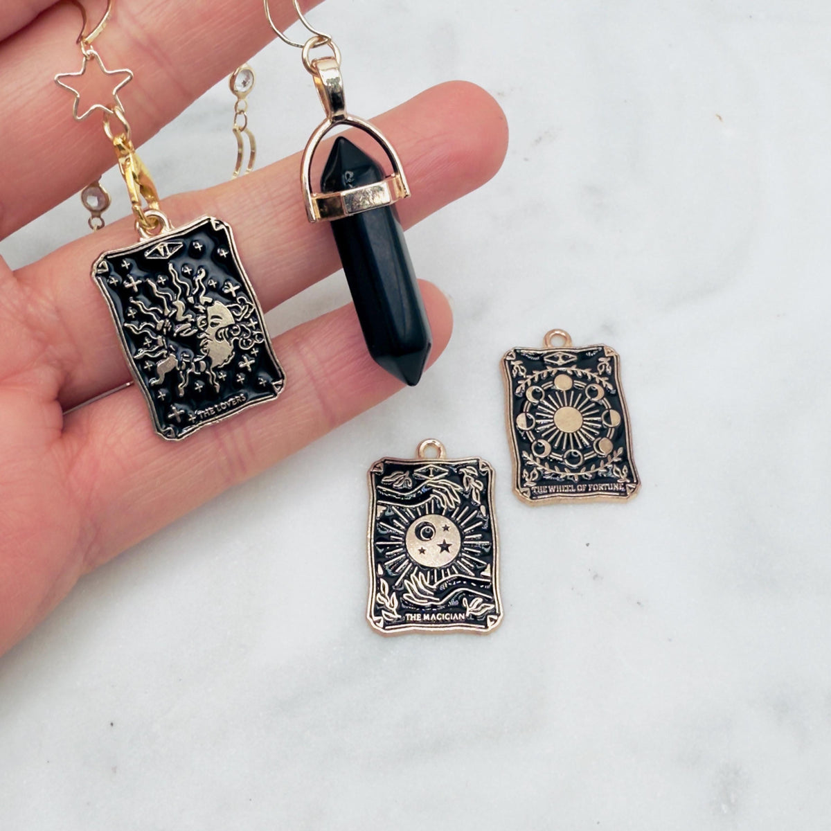 Obsidian Pendulum Stars and Moon Chain with 3 Tarot Charms Past-Present-Future Reading