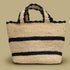 Hand woven Beige raffia mini tote bag with black stripes and scallop trim, made in rwanda by women artisans