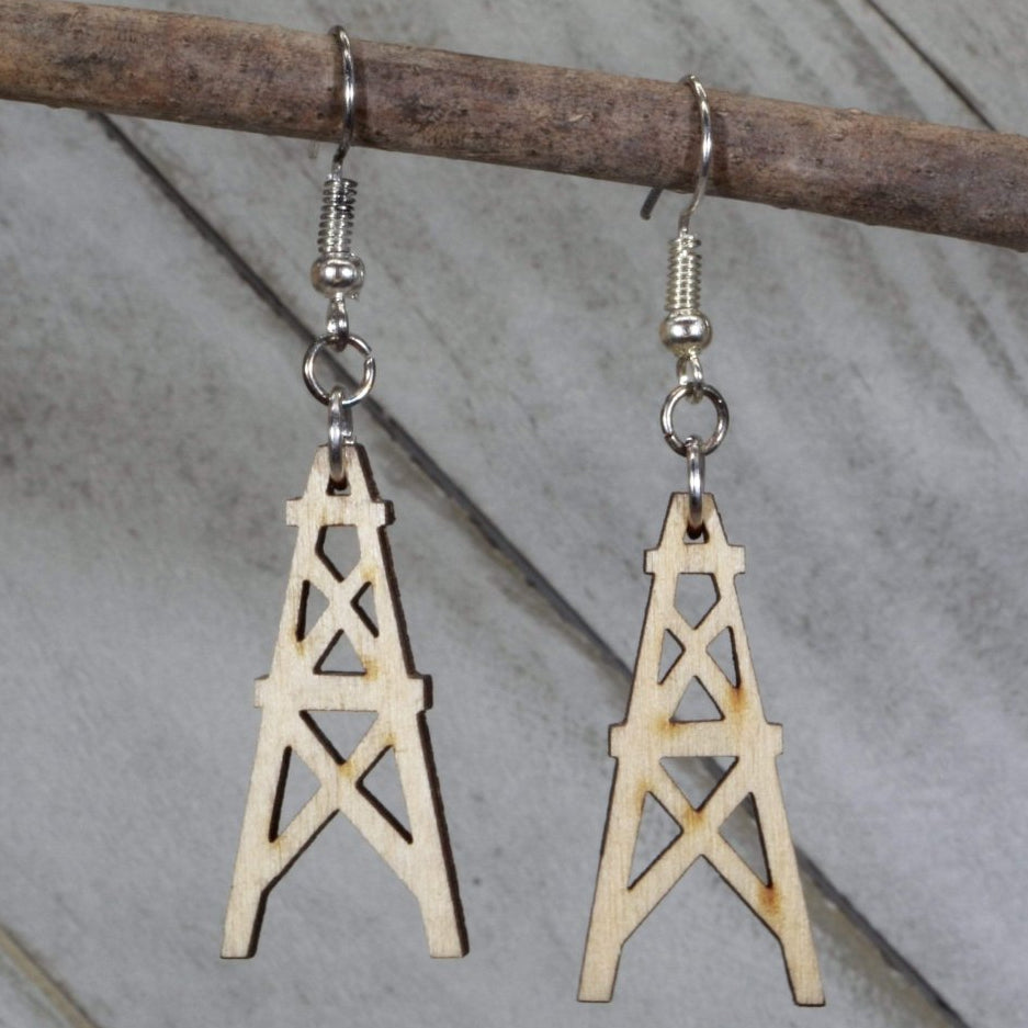 Hand-painted wooden oil derrick dangle earrings with industrial oilfield design and hypoallergenic sterling silver hooks, lightweight oil rig statement jewelry earrings for energy workers and Texas style