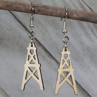 Hand-painted wooden oil derrick dangle earrings with industrial oilfield design and hypoallergenic sterling silver hooks, lightweight oil rig statement jewelry earrings for energy workers and Texas style