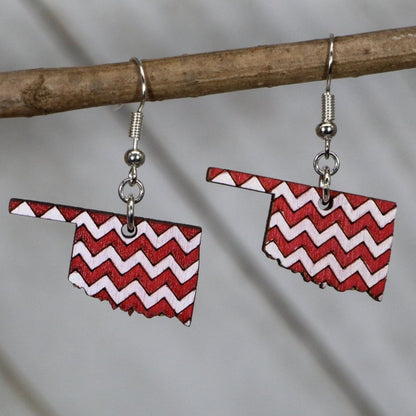 Hand-painted wooden Oklahoma chevron dangle earrings with bold red white state design and hypoallergenic sterling silver hooks, lightweight Oklahoma statement jewelry earrings for patriotic pride and southern style