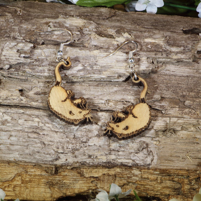 Hand-painted wooden opossum dangle earrings featuring adorable curled-tail opossum designs, hypoallergenic sterling silver hooks, and lightweight woodland animal jewelry for wildlife lovers, nature enthusiasts, and marsupial fans by Cate&