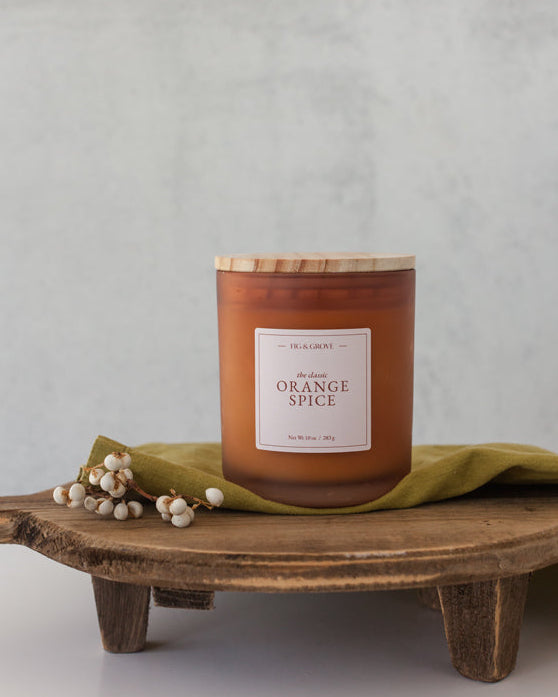 Orange Spice 100% soy wax and essential oil candle in a 10 oz glass jar