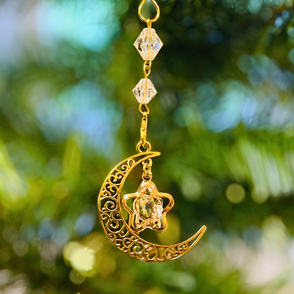 Yuletide Gold Crystal Moon &amp; Star Witchy Christmas Ornament
