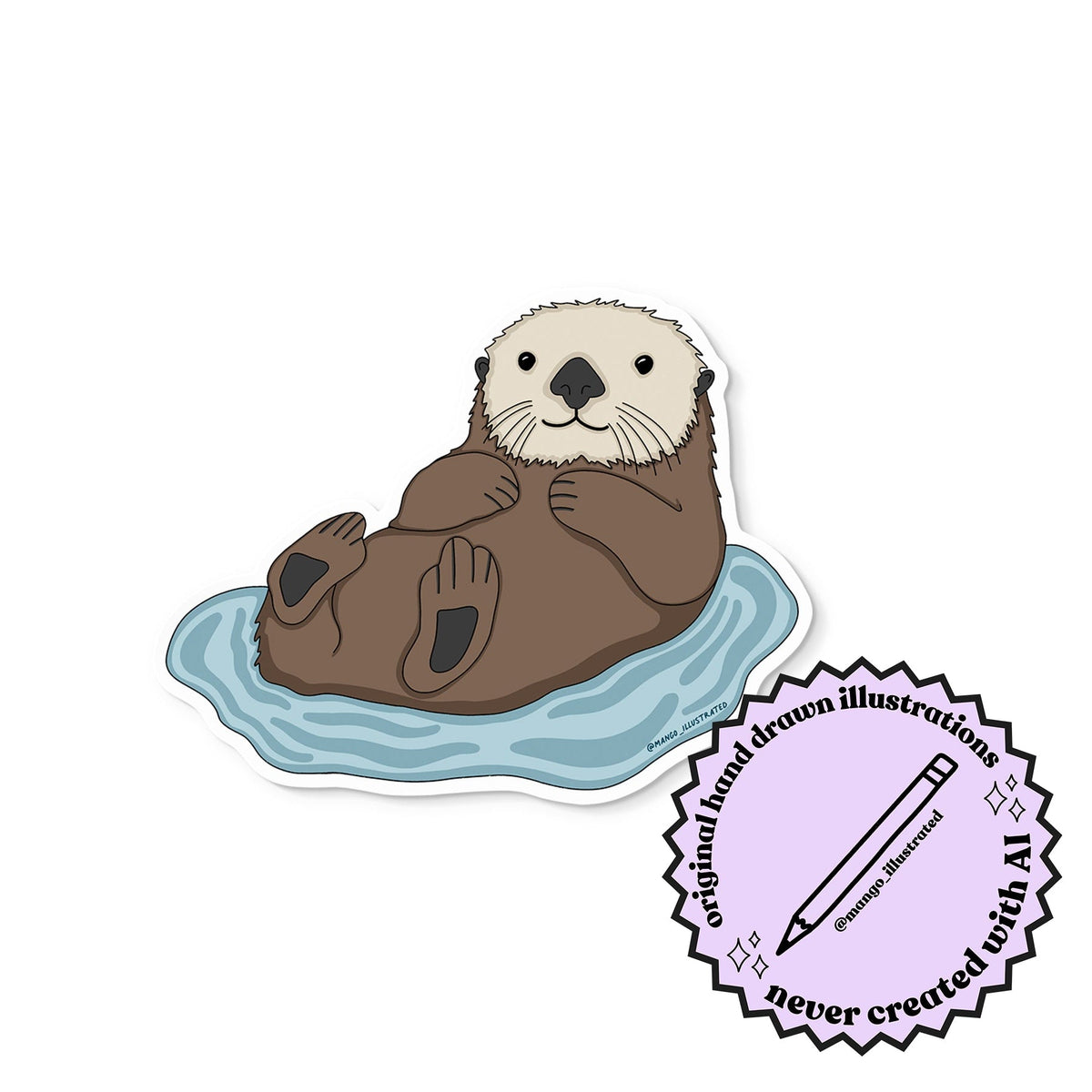 Illustration of a sea otter on water with a signature stamp indicating original hand-drawn illustrations.