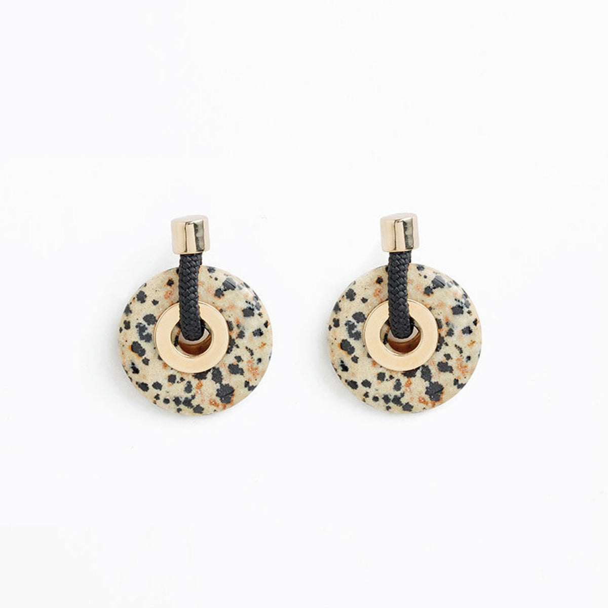 Ousia handmade black rope and Dalmatian jasper earrings by Pichulik, ethical sustainable artisan jewelry brand, Cape Town South Africa