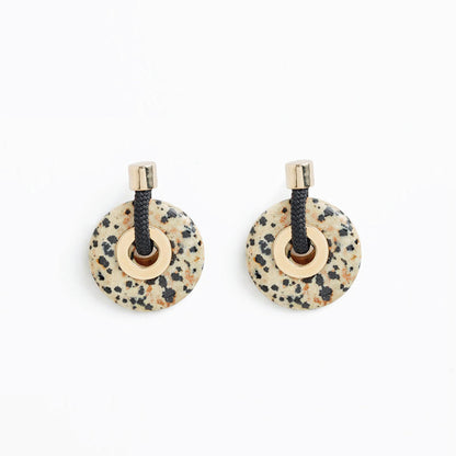 Ousia handmade black rope and Dalmatian jasper earrings by Pichulik, ethical sustainable artisan jewelry brand, Cape Town South Africa