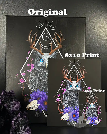 Sacred Owl Art Print: Gothic Forest, Cryptid Dark Fantasy Animal Acrylic Painting