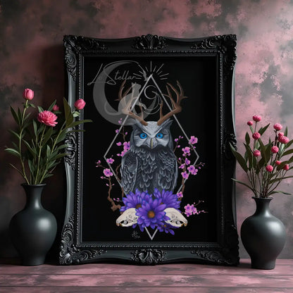 Sacred Owl Art Print: Gothic Forest, Cryptid Dark Fantasy Animal Acrylic Painting