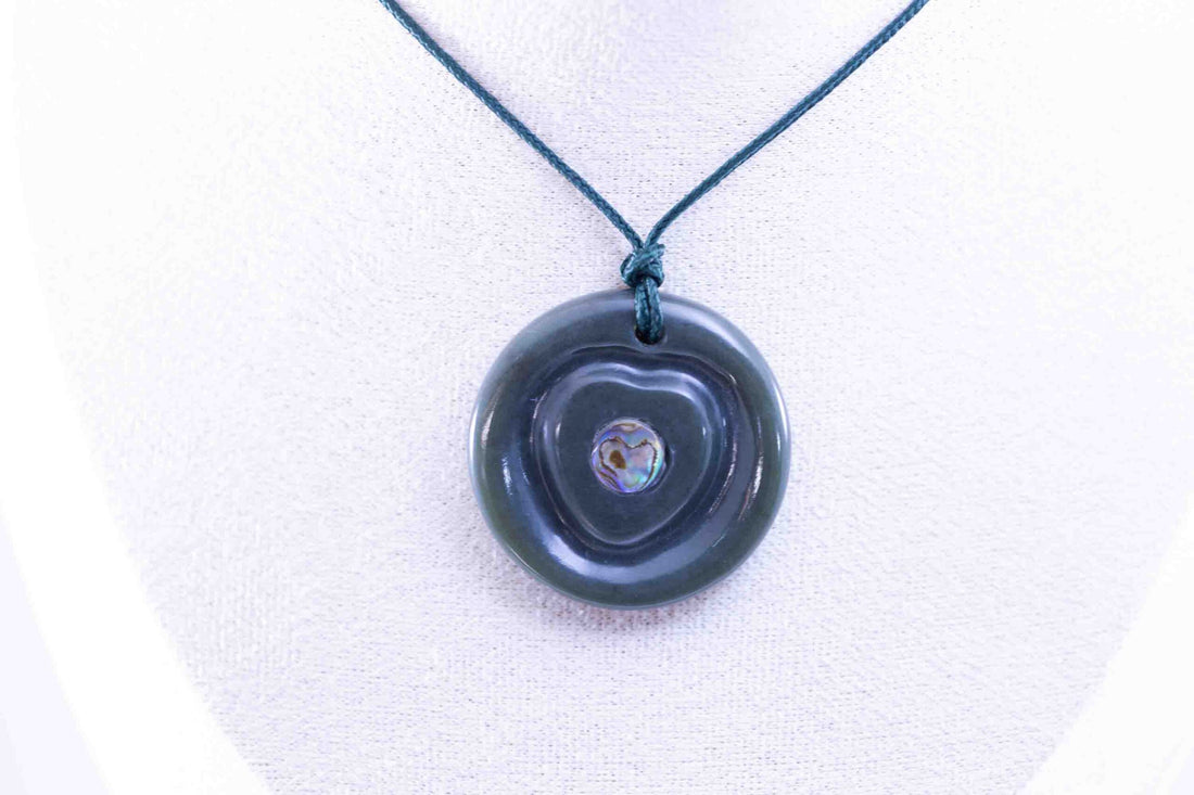 Olive Green Jade Pendant Handcarved from Wyoming Jade with Abalone Inlay on Paracord with Accent Beads (Measures 35x5mm)