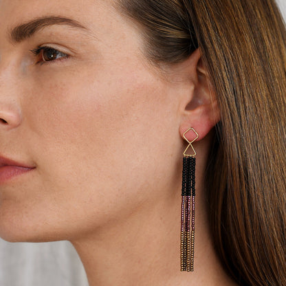 Gold Diamond Shape &amp; Black, Burgundy and Antique Gold Fringe Earrings