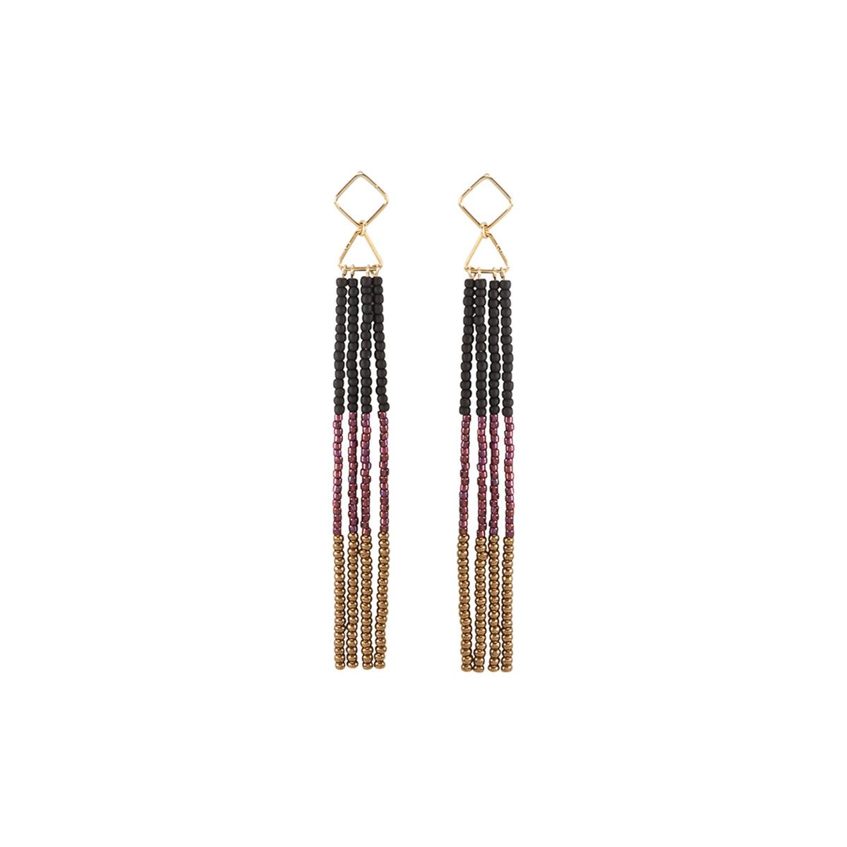 Handmade Maasai beadwork gold diamond fringe earrings in black and burgundy by Sidai Designs, sustainable artisan jewelry, Tanzania