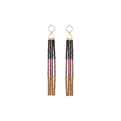 Handmade Maasai beadwork gold diamond fringe earrings in black and burgundy by Sidai Designs, sustainable artisan jewelry, Tanzania