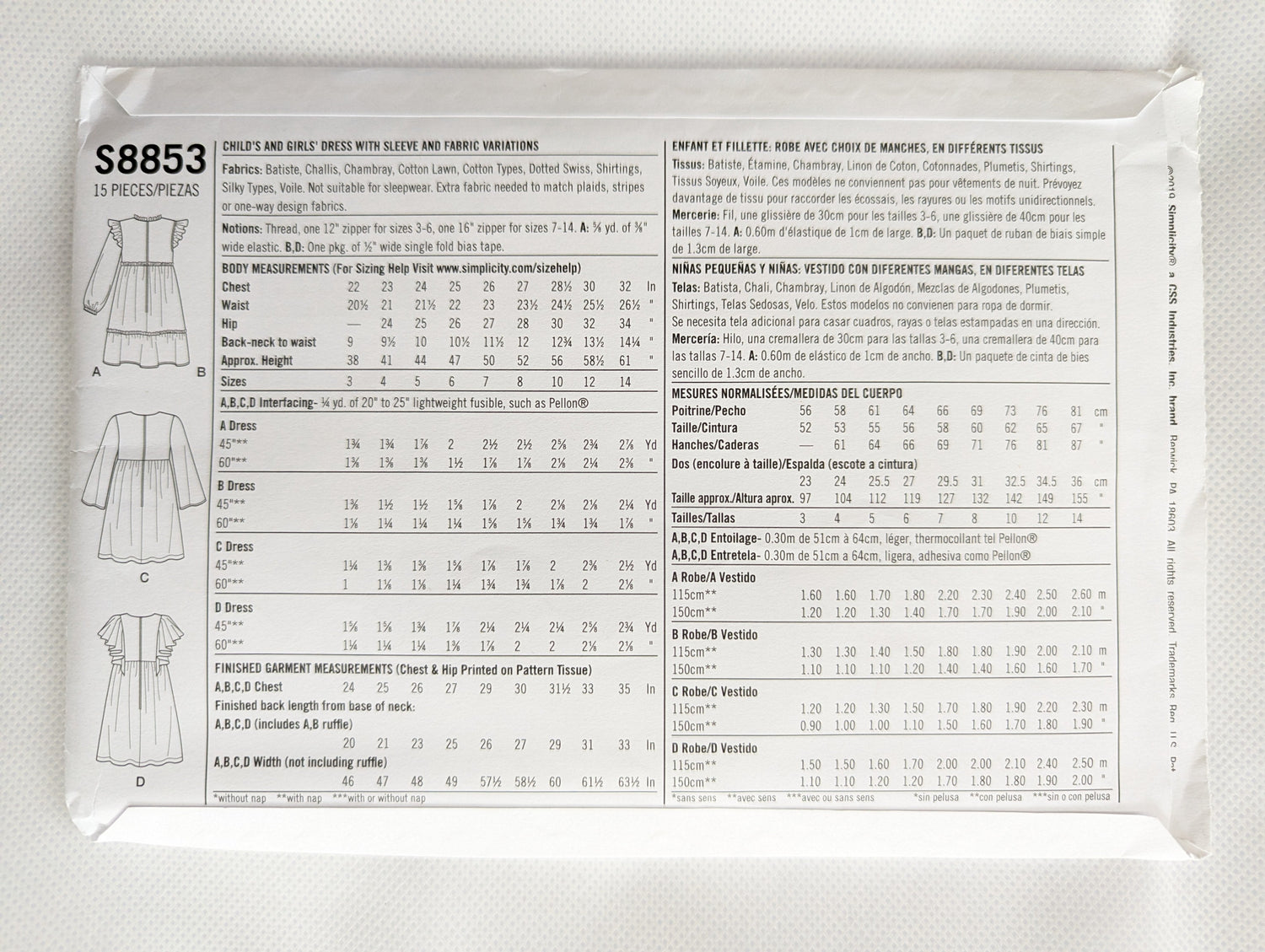 S8853 HH Size 3-6 kids dress pattern