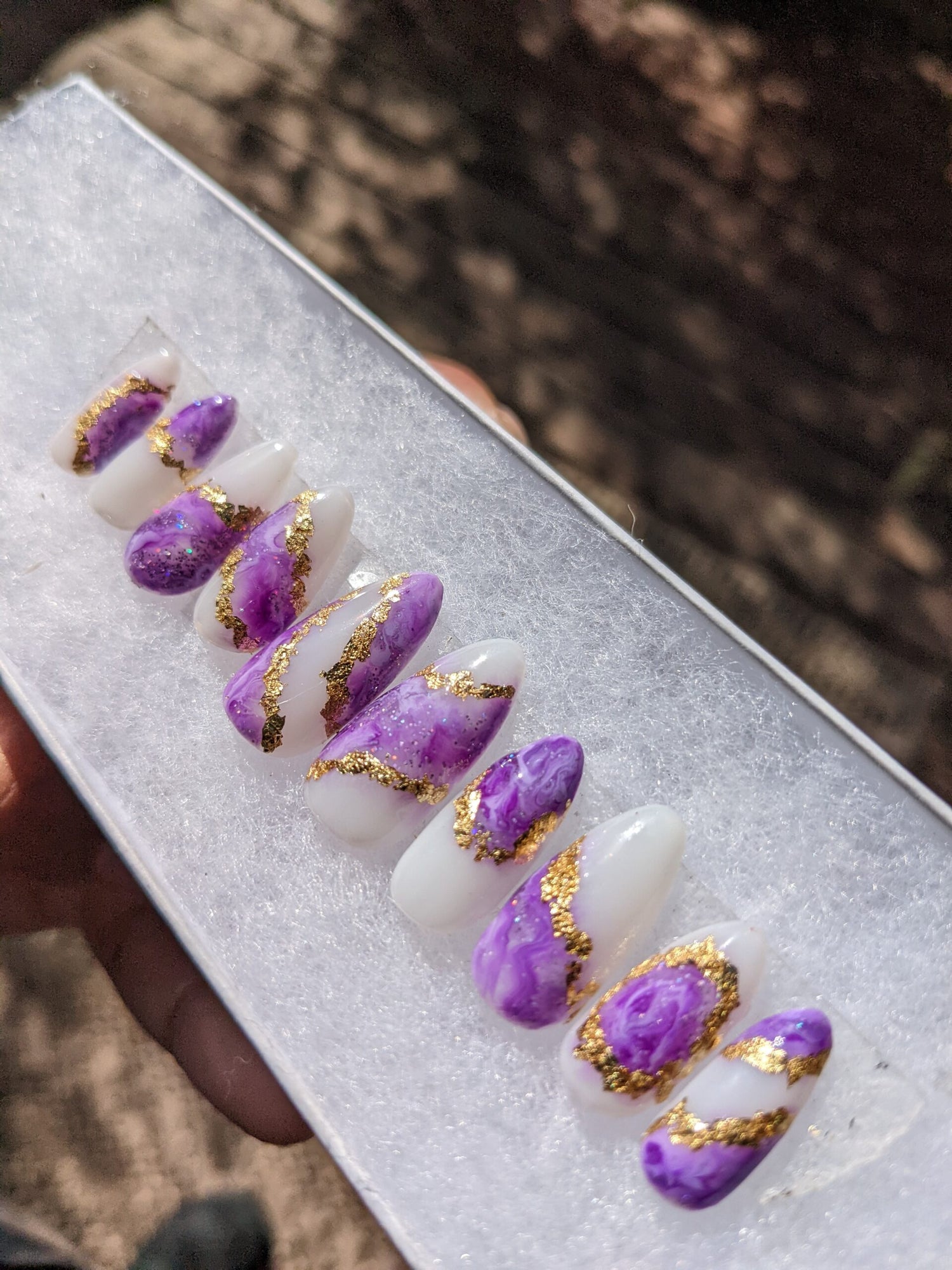 Purple Crystal Palace - purple and gold marble geode False Press-On Nail Extensions 10pcs
