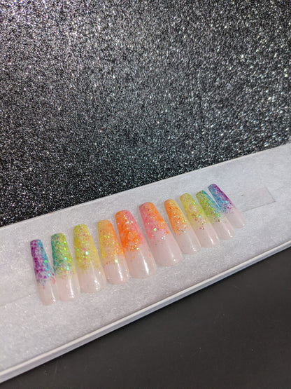 Kaleidoscope - Rainbow Glitter Ombre False Press-On Nail Extensions 10pcs