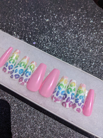 90s Baby - Pink and Rainbow Leopard Print False Press-On Nail Extensions 10pcs