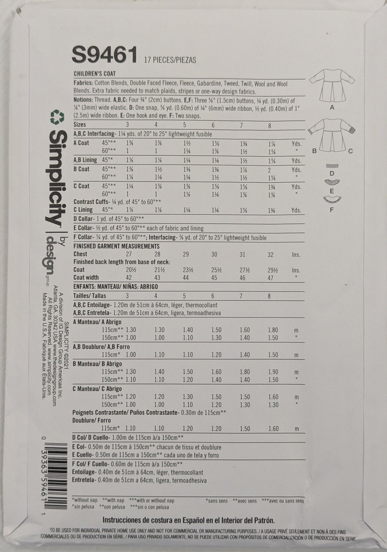 S9461 Kids Coat Sewing pattern