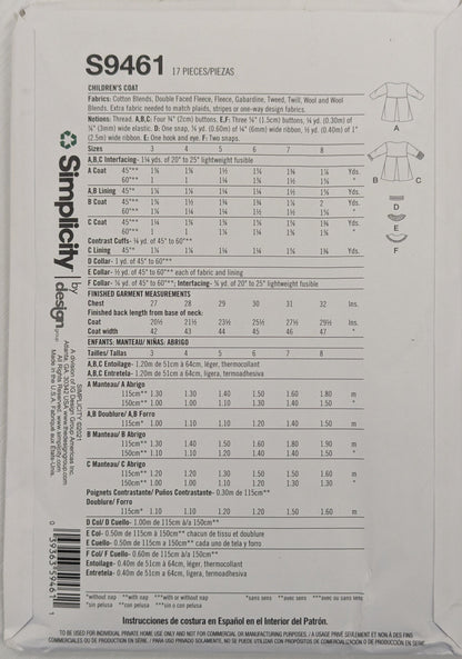 S9461 Kids Coat Sewing pattern