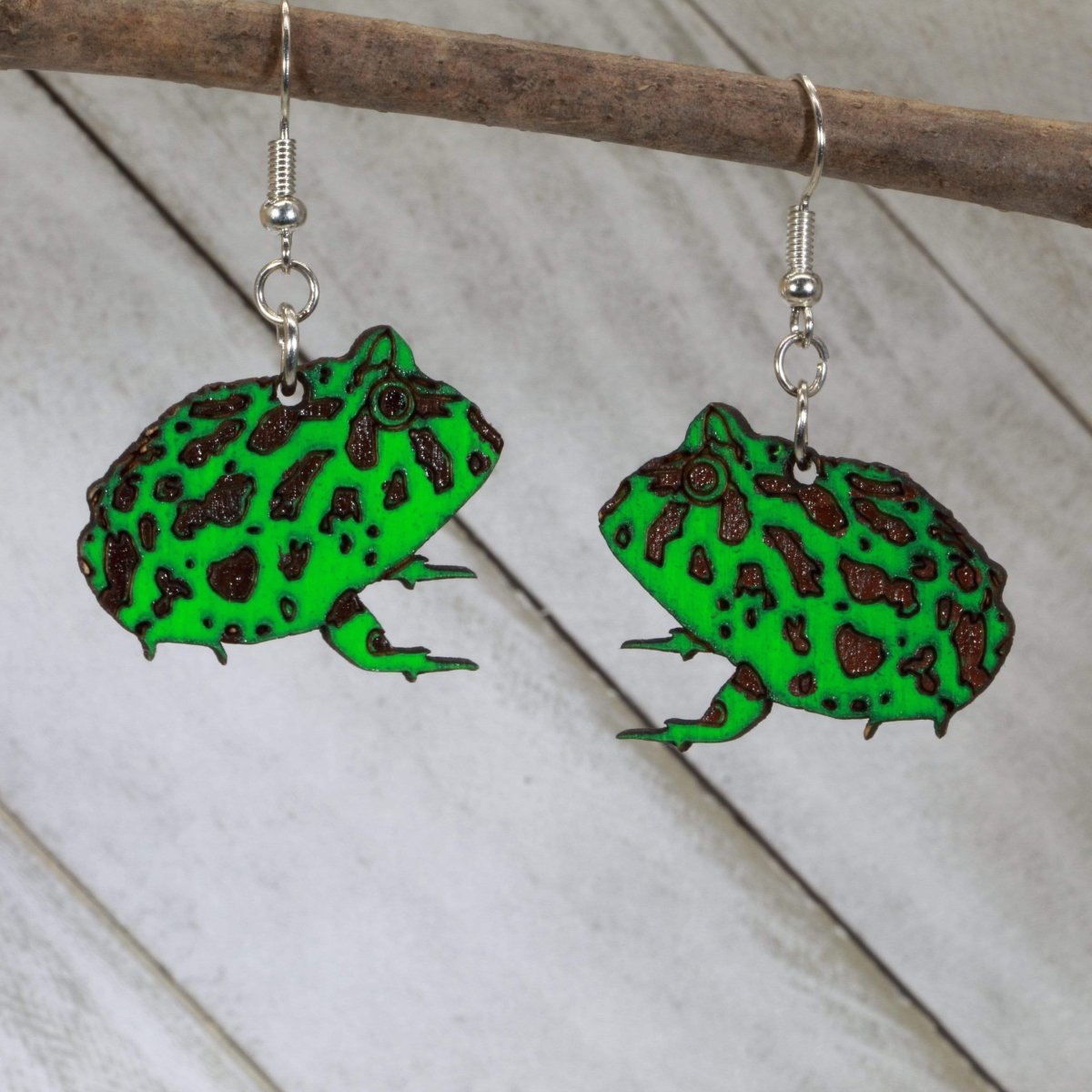 Hand-painted wooden Pacman frog dangle earrings with exotic amphibian design and hypoallergenic sterling silver hooks, lightweight frog statement jewelry earrings for reptile and amphibian lovers