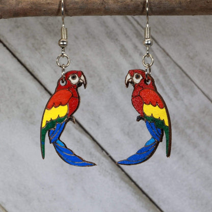 Hand-painted wooden parrot dangle earrings with vibrant tropical bird design and hypoallergenic sterling silver hooks, lightweight parrot statement jewelry earrings for beach lovers and exotic style 