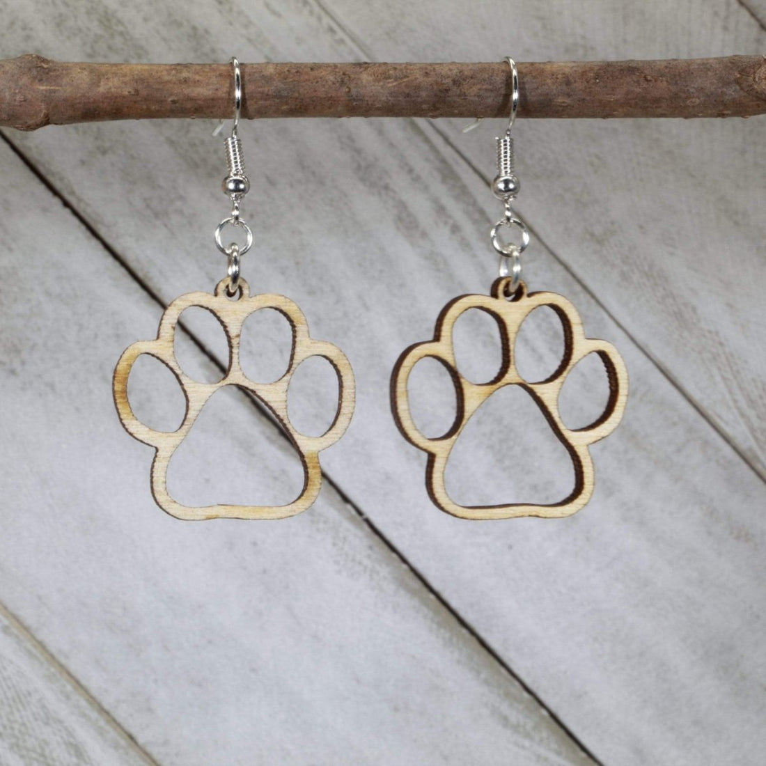 Hand-painted wooden paw print cutout dangle earrings with pet lover design and hypoallergenic sterling silver hooks, lightweight paw print statement jewelry earrings for dog lovers