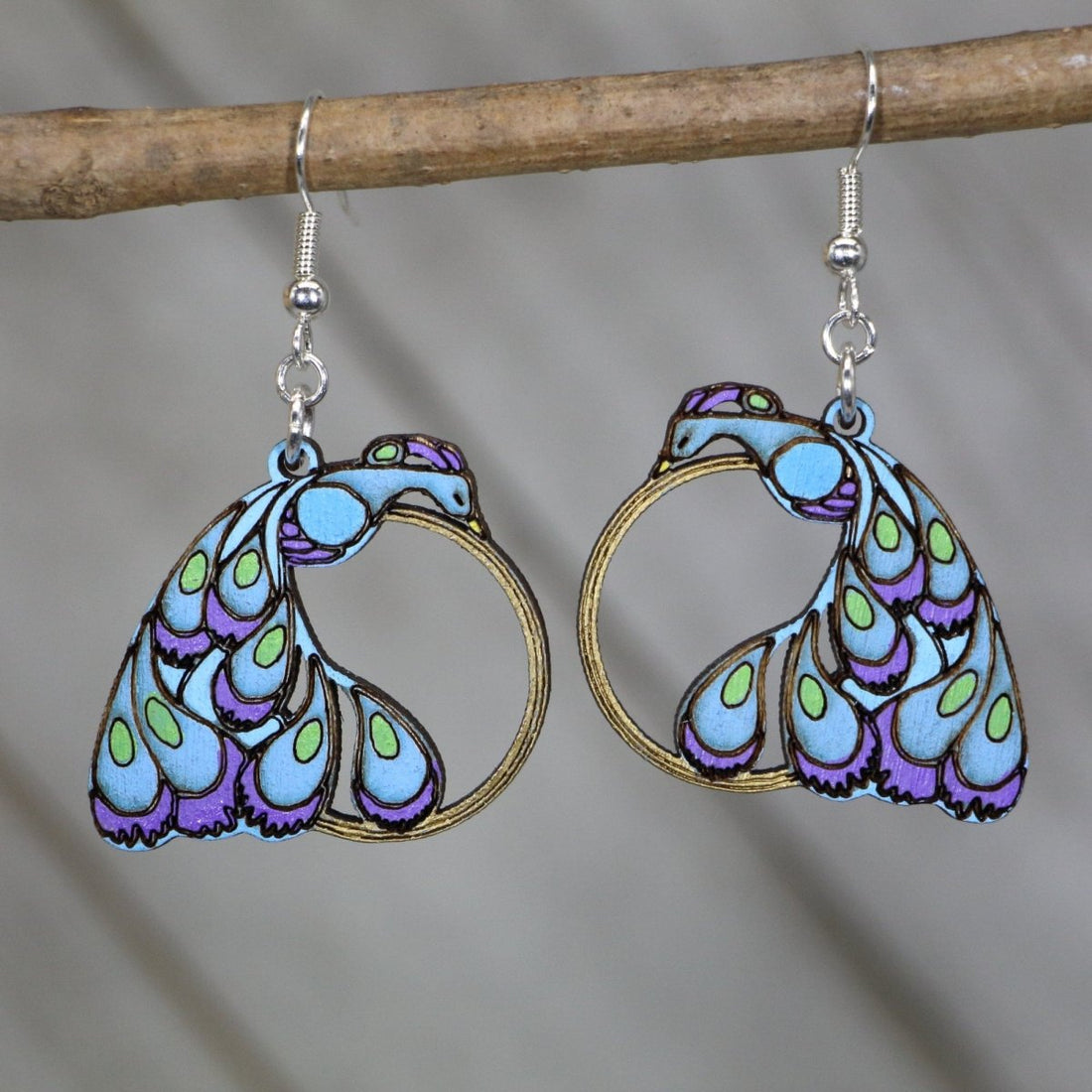 Hand-painted wooden peacock dangle earrings with boho bird and gold ring inspired design and hypoallergenic sterling silver hooks, lightweight peacock statement jewelry earrings for colorful elegant style