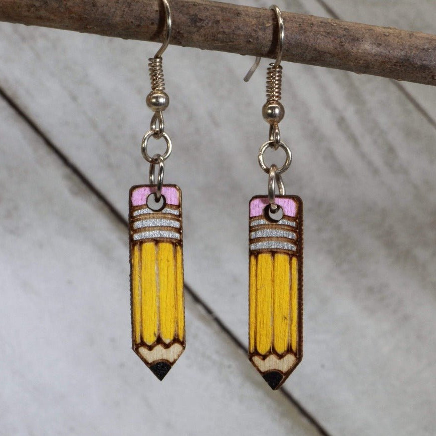 Hand-painted wooden pencil dangle earrings with classic back to school design and hypoallergenic sterling silver hooks, lightweight teacher statement jewelry earrings for educators and classroom style