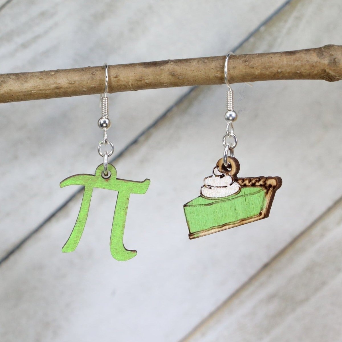 Green Hand-painted wooden pi and pie dangle earrings with math symbol and dessert design and hypoallergenic sterling silver hooks, nerdy math pun statement jewelry earrings for teachers and STEM lovers 