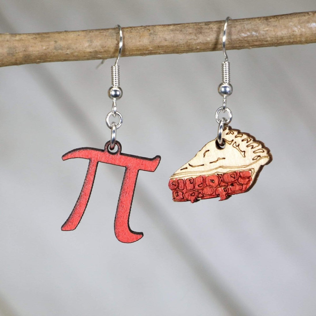 Red Hand-painted wooden pi and pie dangle earrings with math symbol and dessert design and hypoallergenic sterling silver hooks, nerdy math pun statement jewelry earrings for teachers and STEM lovers 