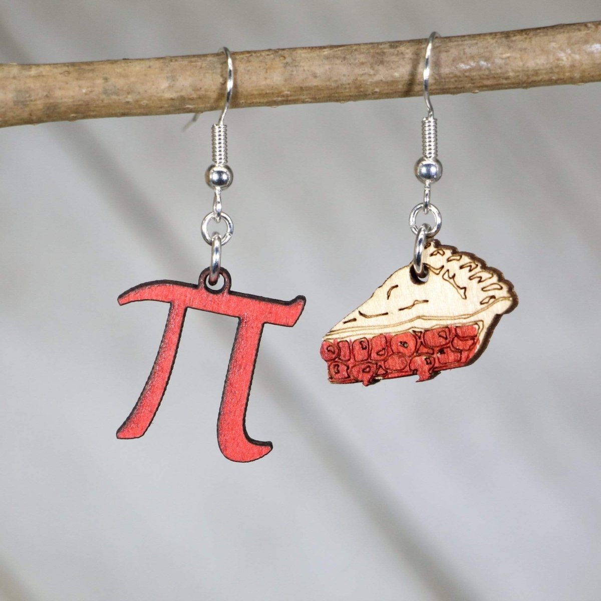 Red Hand-painted wooden pi and pie dangle earrings with math symbol and dessert design and hypoallergenic sterling silver hooks, nerdy math pun statement jewelry earrings for teachers and STEM lovers 