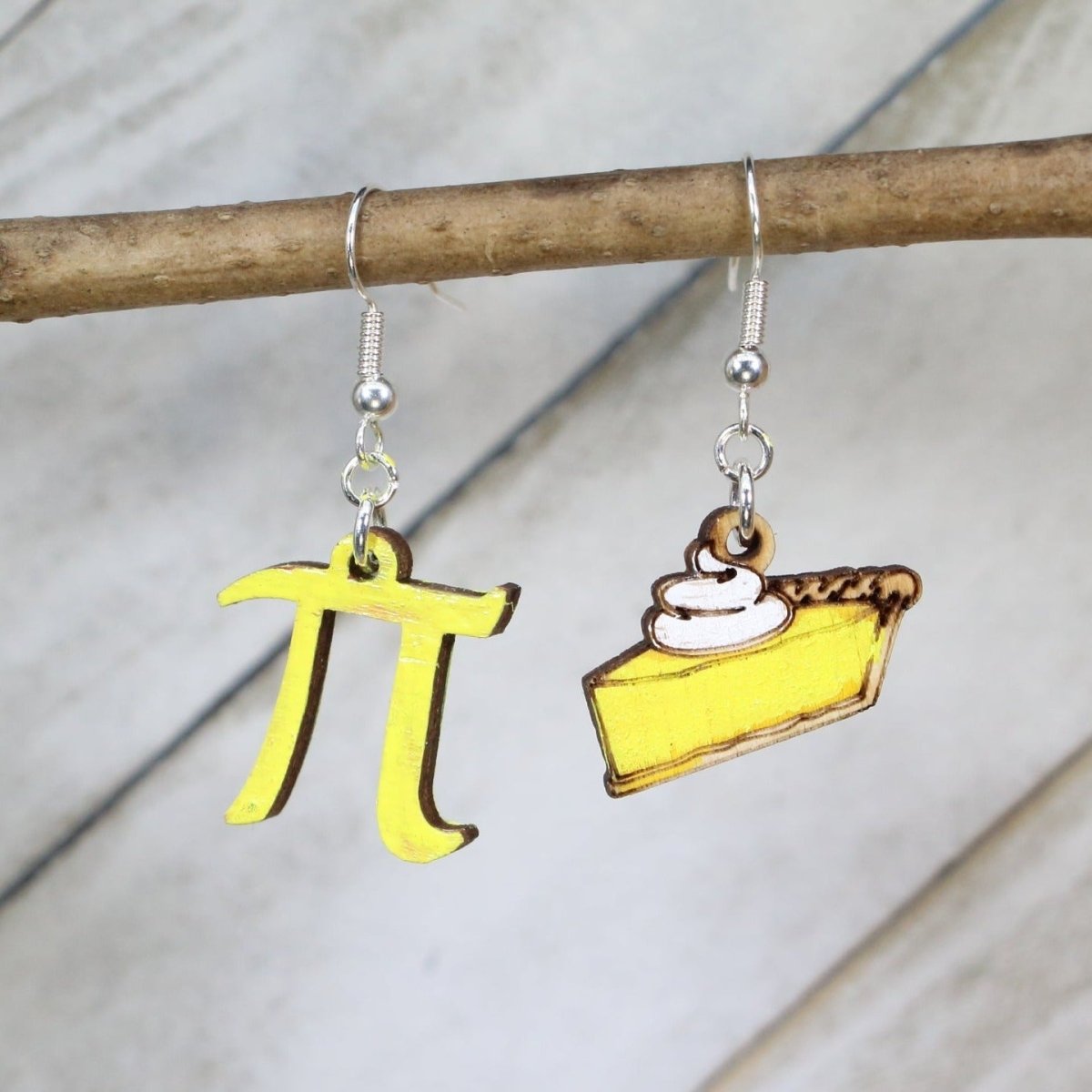 Yellow Hand-painted wooden pi and pie dangle earrings with math symbol and dessert design and hypoallergenic sterling silver hooks, nerdy math pun statement jewelry earrings for teachers and STEM lovers 