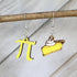 Yellow Hand-painted wooden pi and pie dangle earrings with math symbol and dessert design and hypoallergenic sterling silver hooks, nerdy math pun statement jewelry earrings for teachers and STEM lovers 