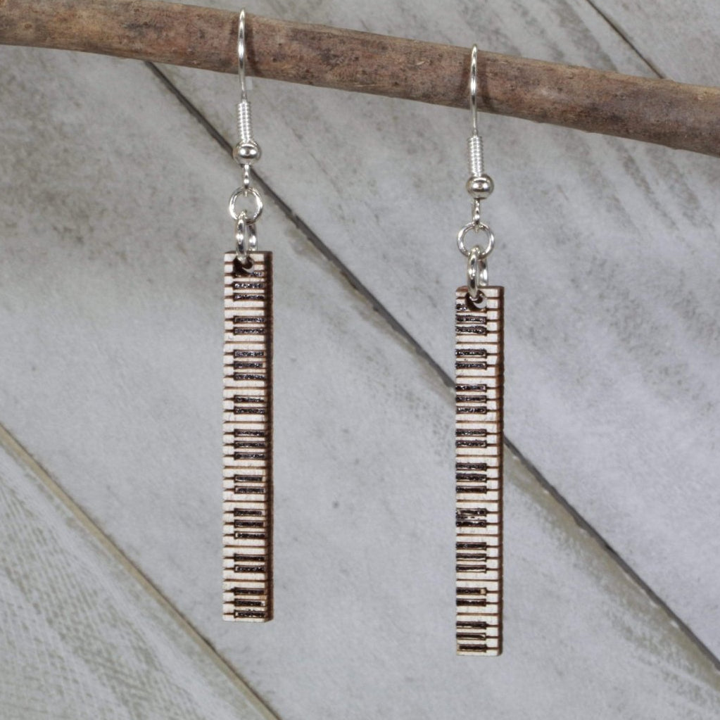 Hand-painted wooden piano keyboard dangle earrings with detailed musician instrument design and hypoallergenic sterling silver hooks, lightweight piano statement jewelry earrings for band students, pianists, and music lovers